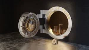 Large-wall-safe-with-ethereum-tokens-symbolizing-the-proof-of-stake-concept