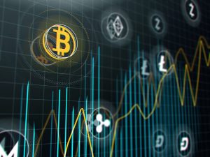 Bitcoin and other virtual money. Cryptocurrency stock market graph on virtual screen.